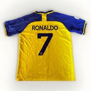 Ronaldo 7 Al Nassr Youth Soccer Jersey Yellow Blue 2022 2023 Size 24 Kids Shirt